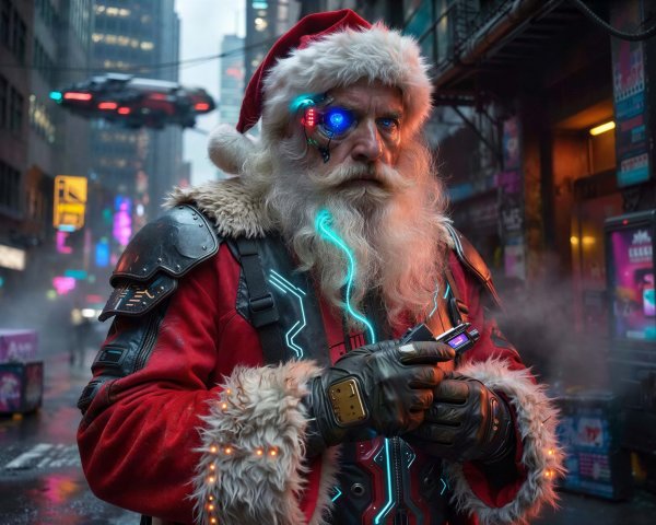 Cyberpunk Santa Claus with Glowing Cybernetic Features