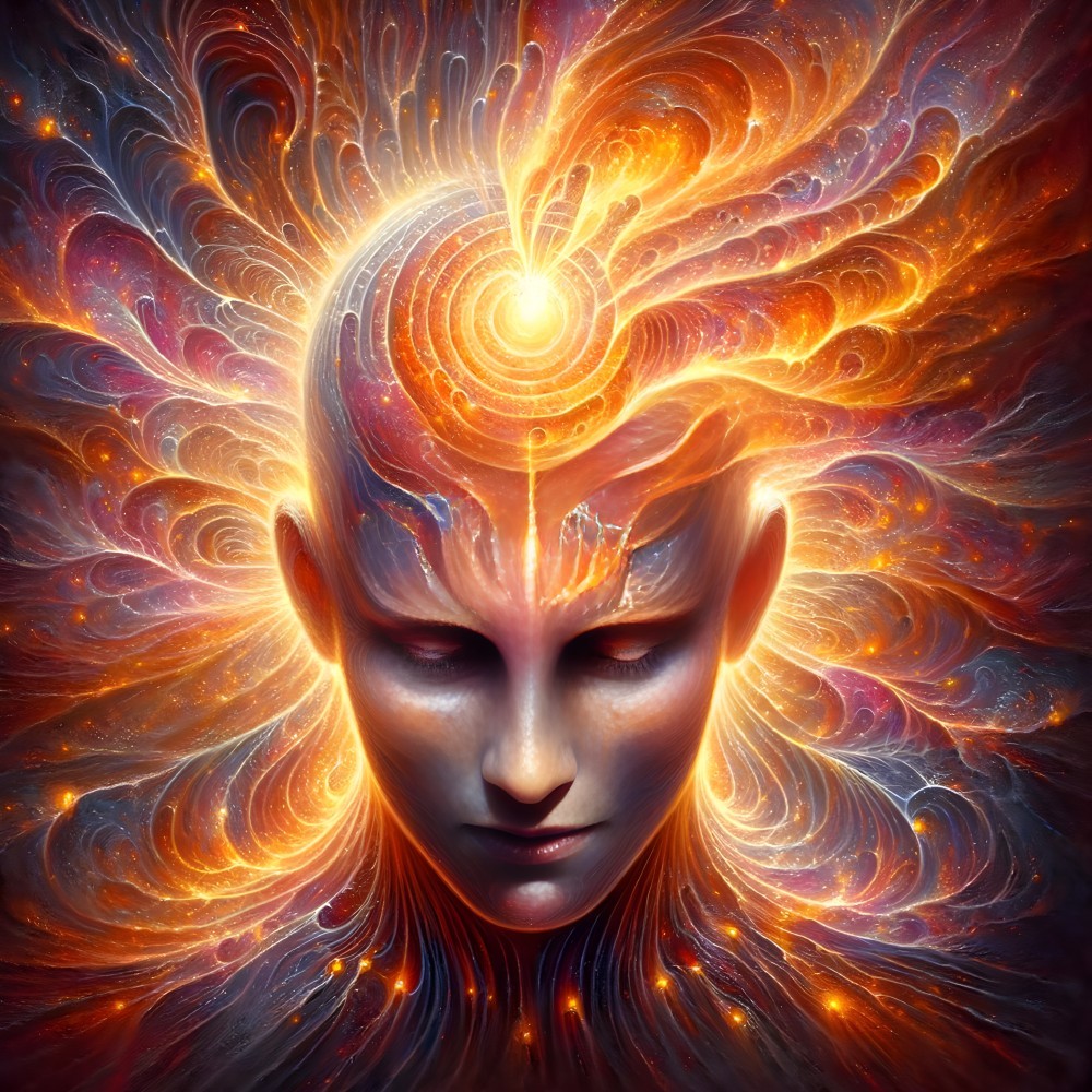 Surreal portrait of serene face in cosmic swirls