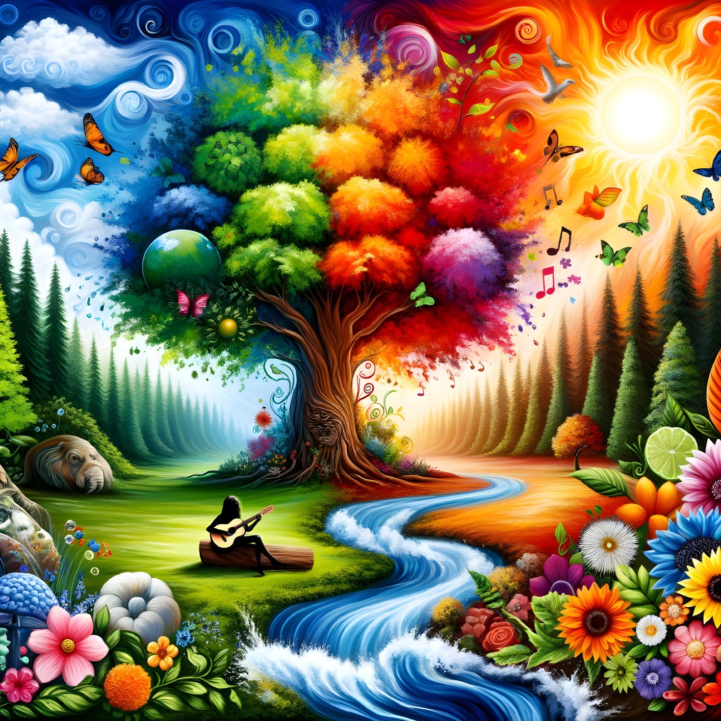 Surreal Landscape with Colorful Tree and River Scene