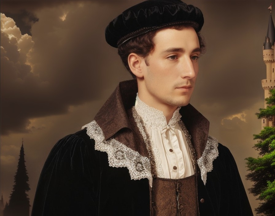 Renaissance Costume Man Before Castle and Cloudy Sky