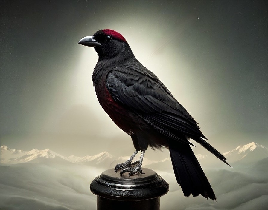 Black Bird with Red Patch Perched in Misty Landscape