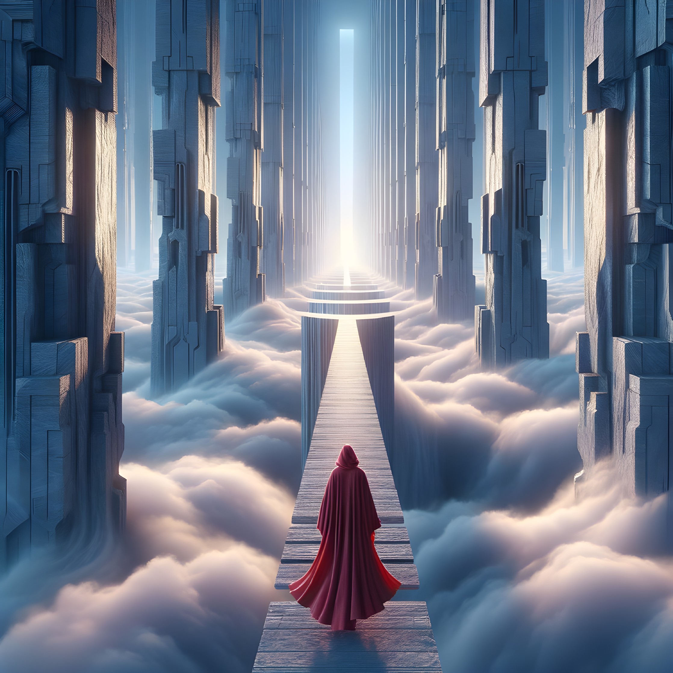 Cloaked Figure on Floating Path in Ethereal Landscape
