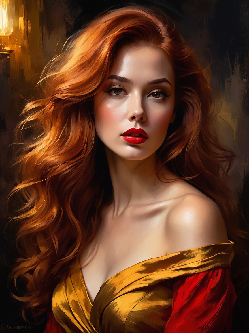 Striking Woman with Red Hair and Elegant Dress