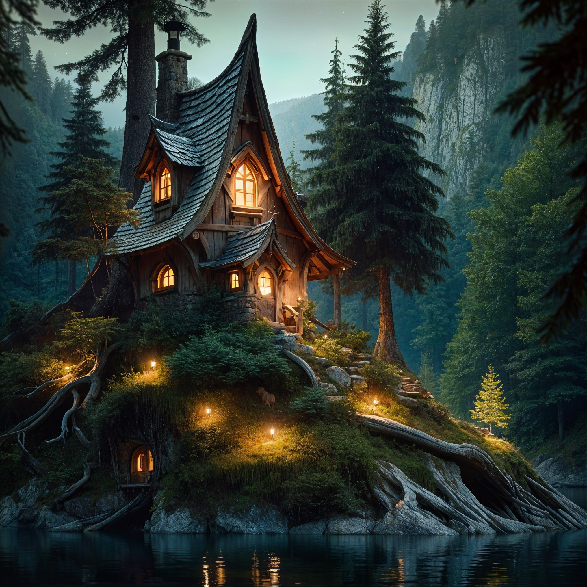 Enchanting Cottage by Tranquil Lake at Twilight