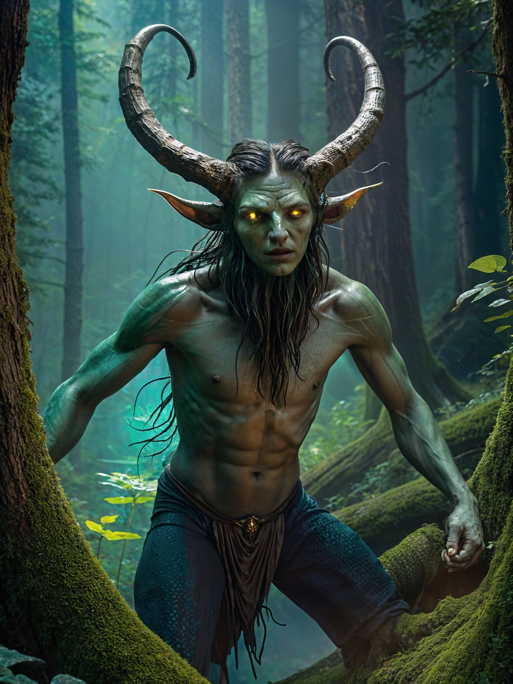 Muscular mythical creature in a lush forest setting