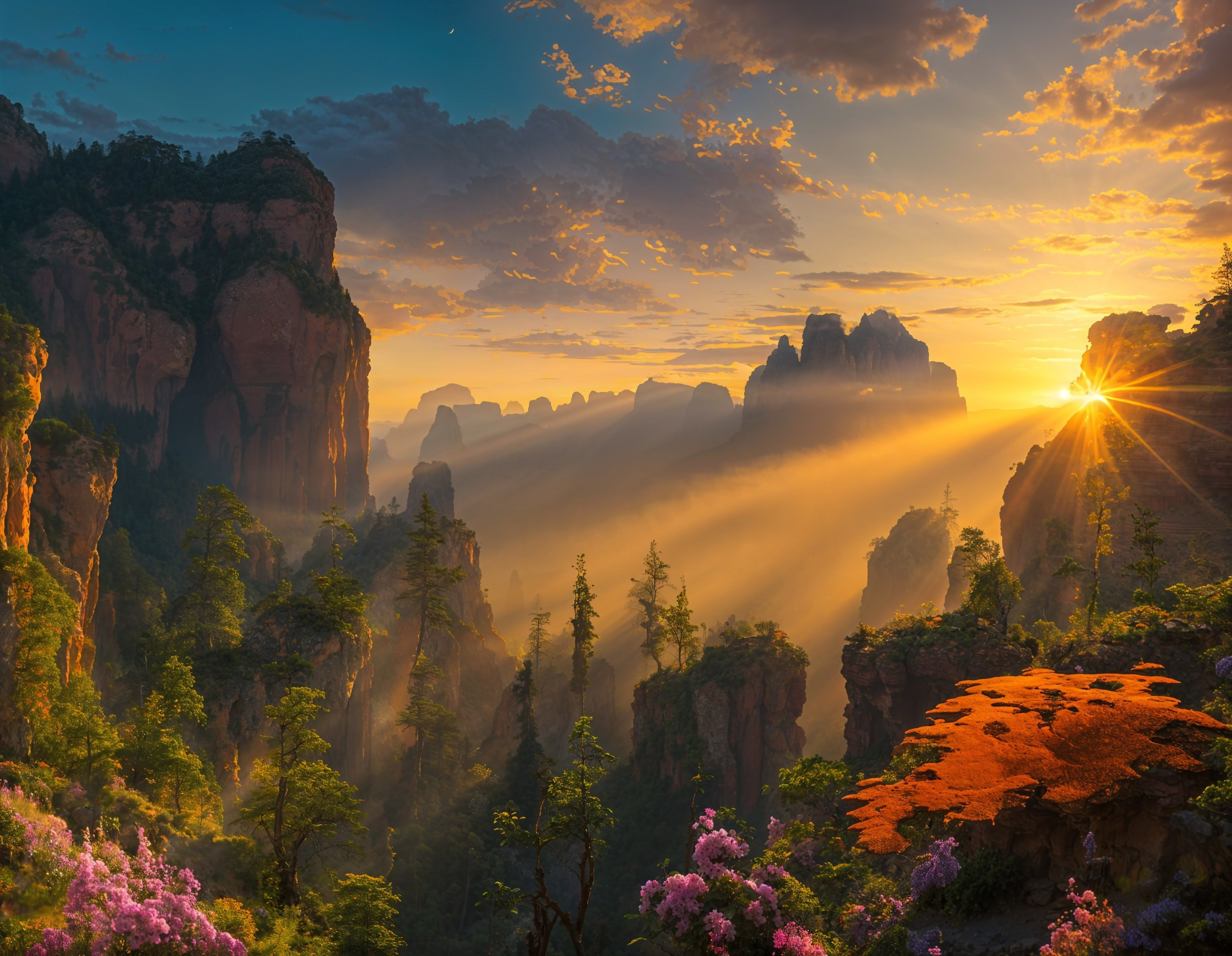 Majestic Sunrise Landscape with Mountains and Foliage