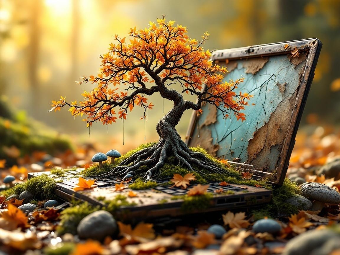 Bonsai Tree and Laptop in Nature-Inspired Scene