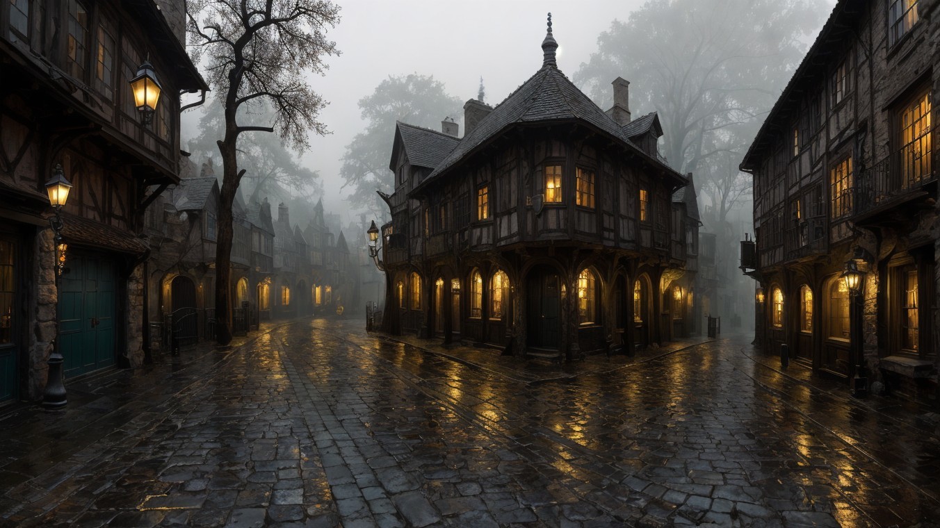 Misty Street Scene with Old-Fashioned Buildings