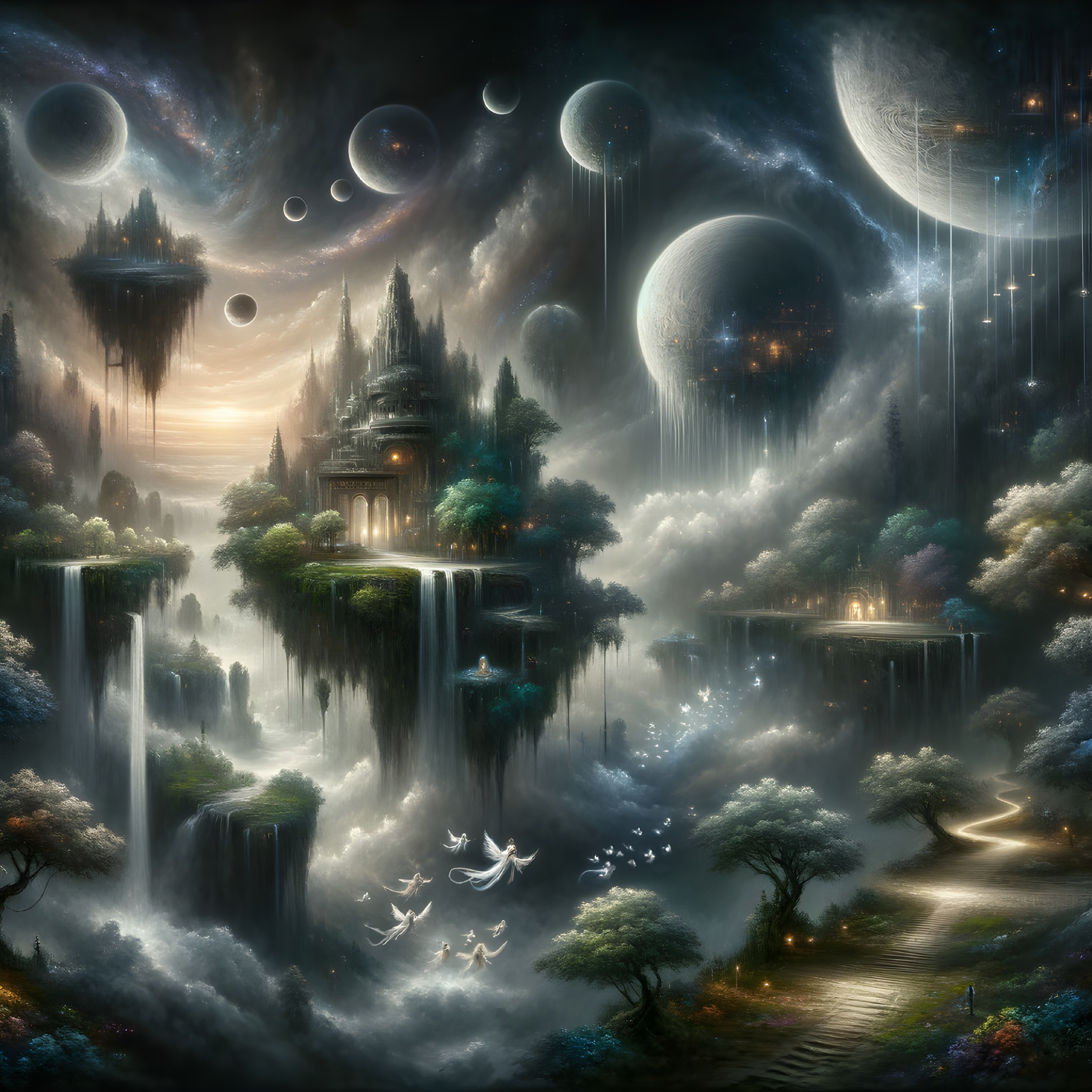 Fantastical landscape with floating islands, waterfalls, celestial bodies, ethereal trees, and glowing