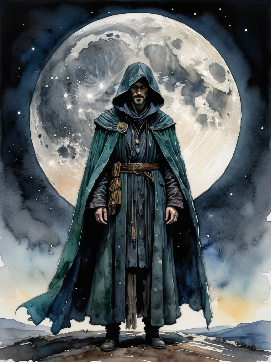 Mysterious Figure Cloaked by a Luminous Full Moon