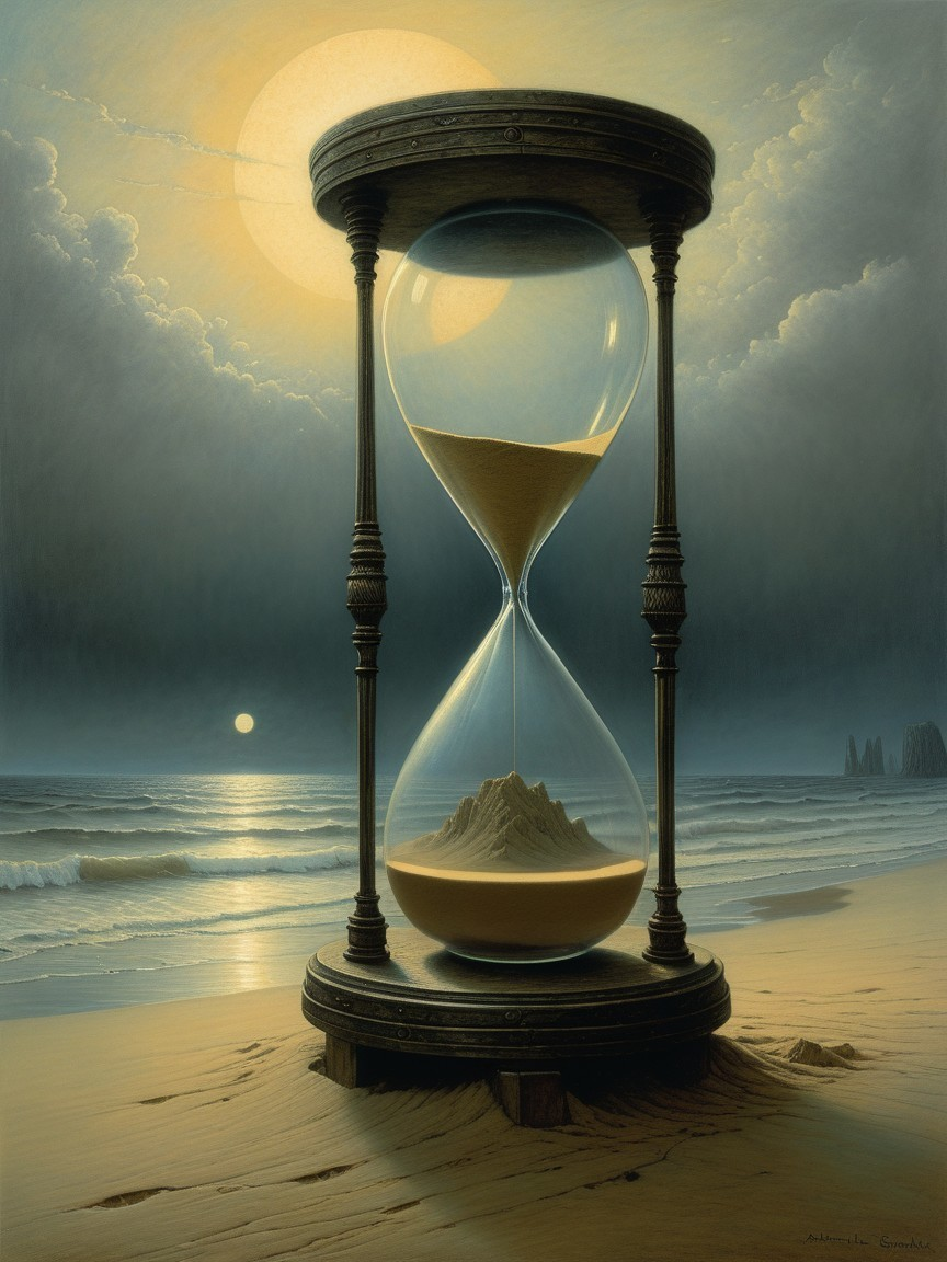Ethereal Hourglass on Serene Twilight Beach
