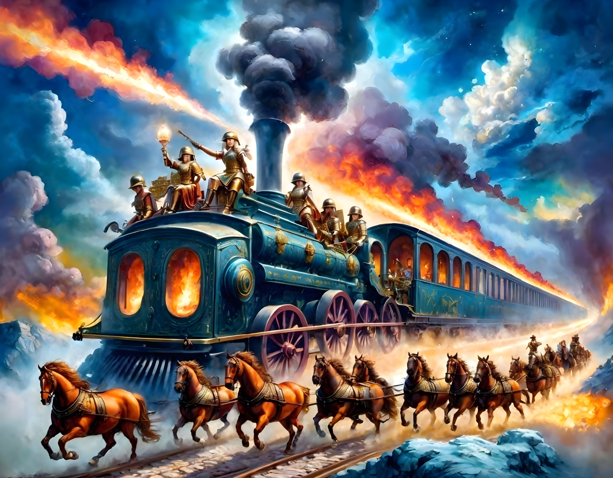 Dramatic Scene of a Steam Train and Soldiers