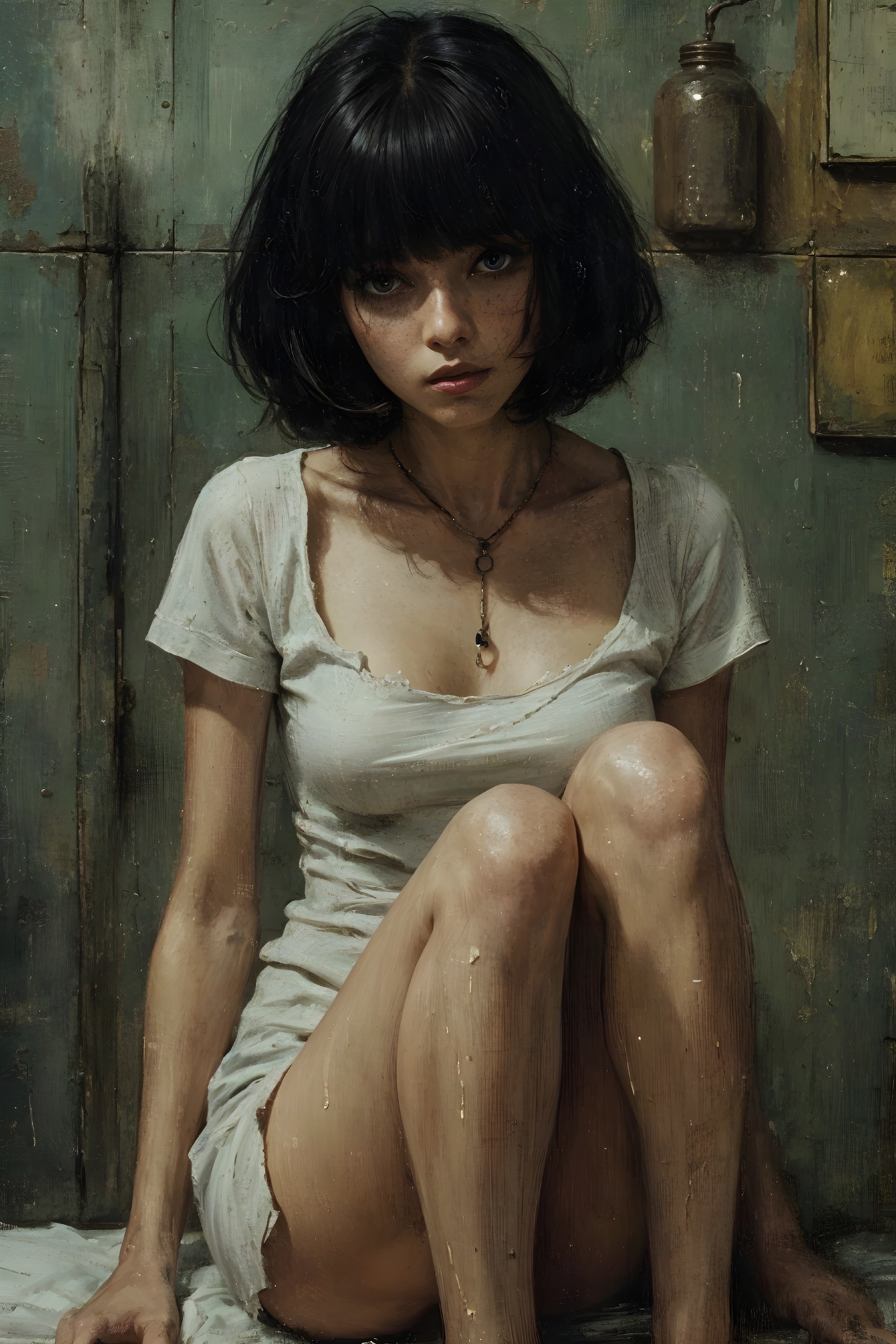 Young woman in a tattered dress on a bed