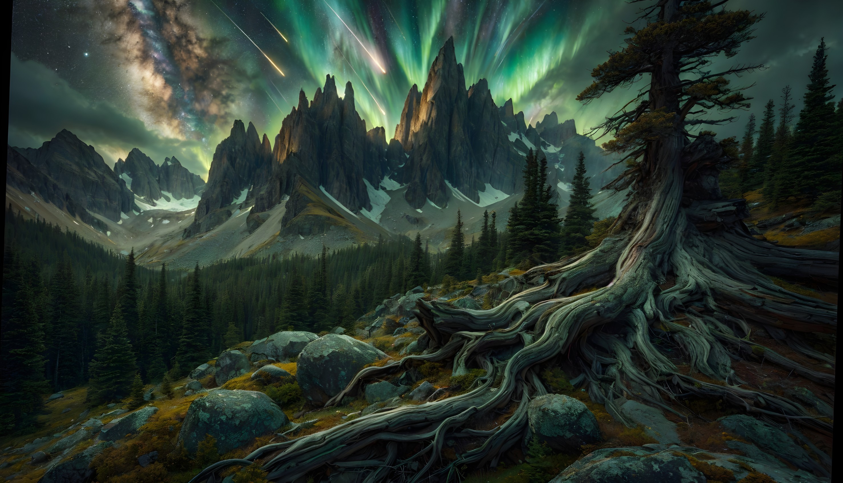 Majestic Mountains Under Aurora Borealis Display