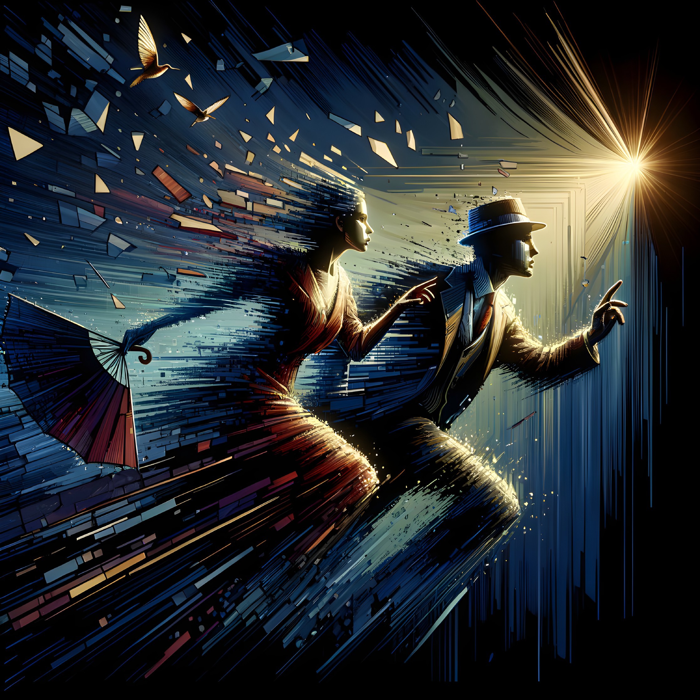 Couple in Motion Amidst Fractured Light and Color