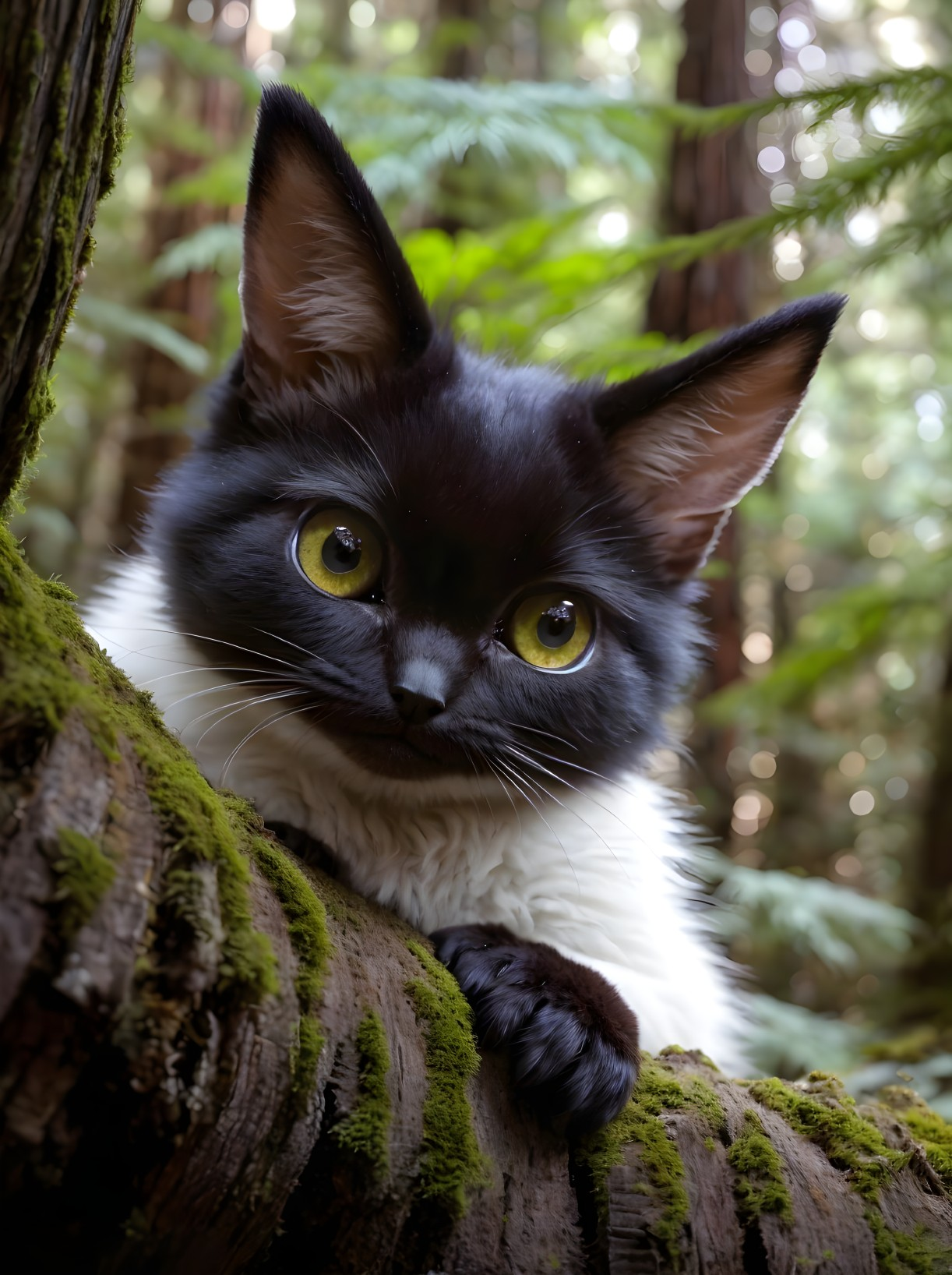 Black and White Cat with Yellow Eyes on Moss-Covered Log in Forest