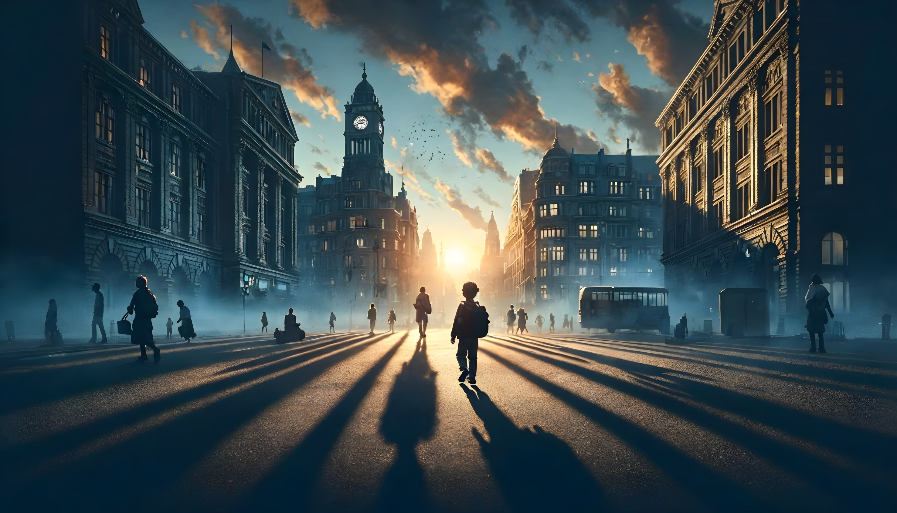 City Street at Sunset with Historical Buildings and Clock Tower