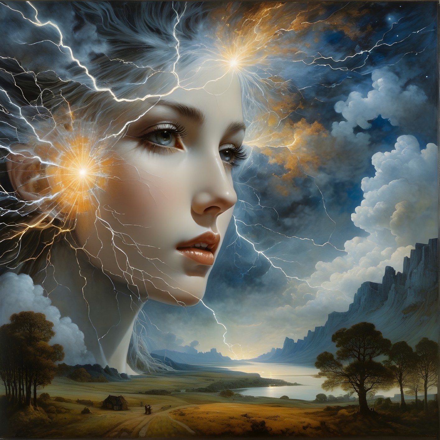 Serene Woman with Glowing Orbs in Dramatic Landscape