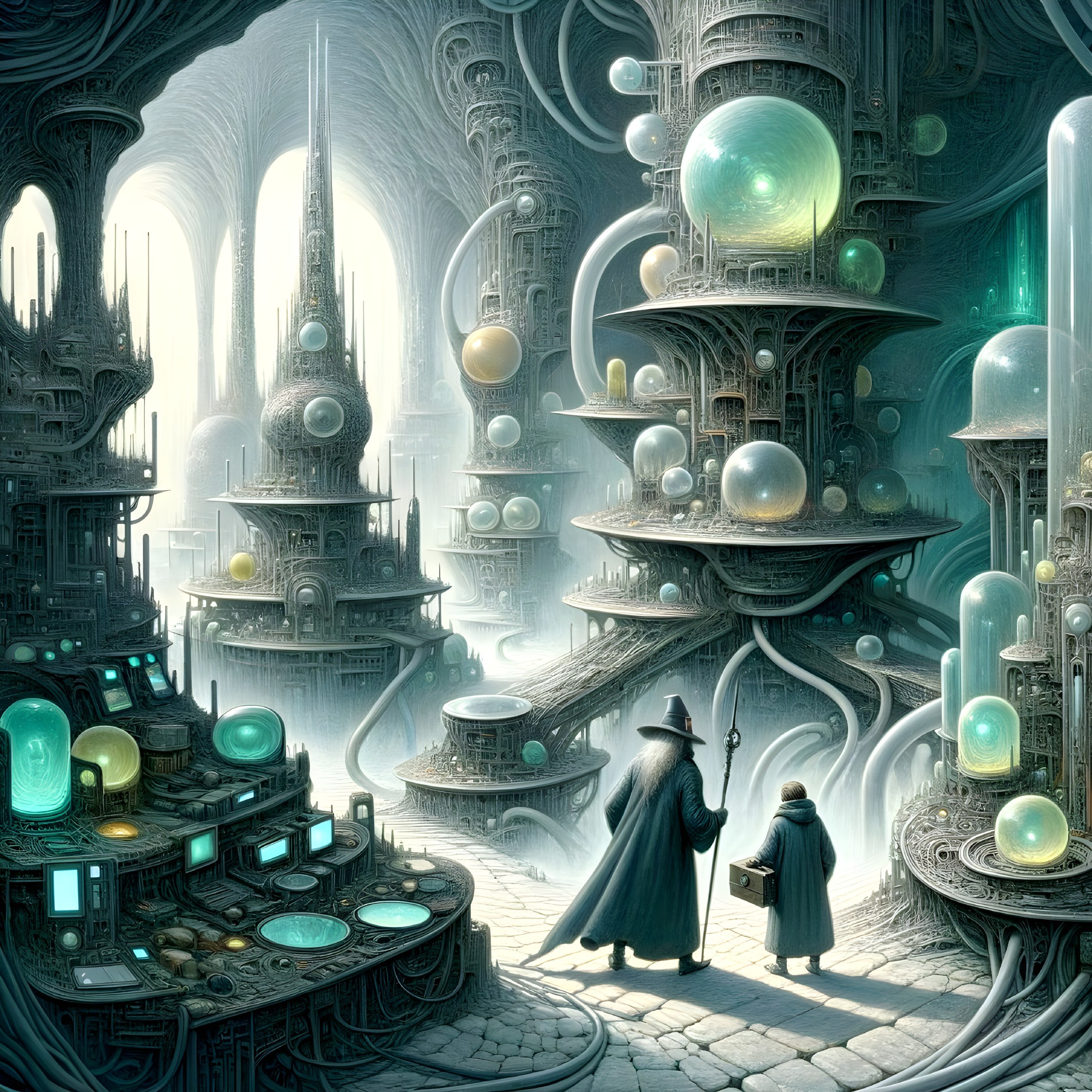 Fantastical Cityscape with Spires and Ethereal Light