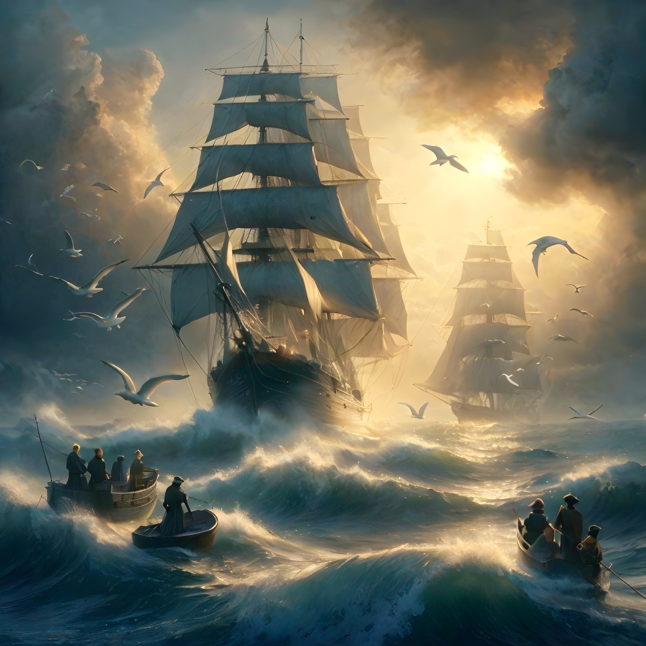 Dramatic Seascape with Tall Ships and Stormy Waves