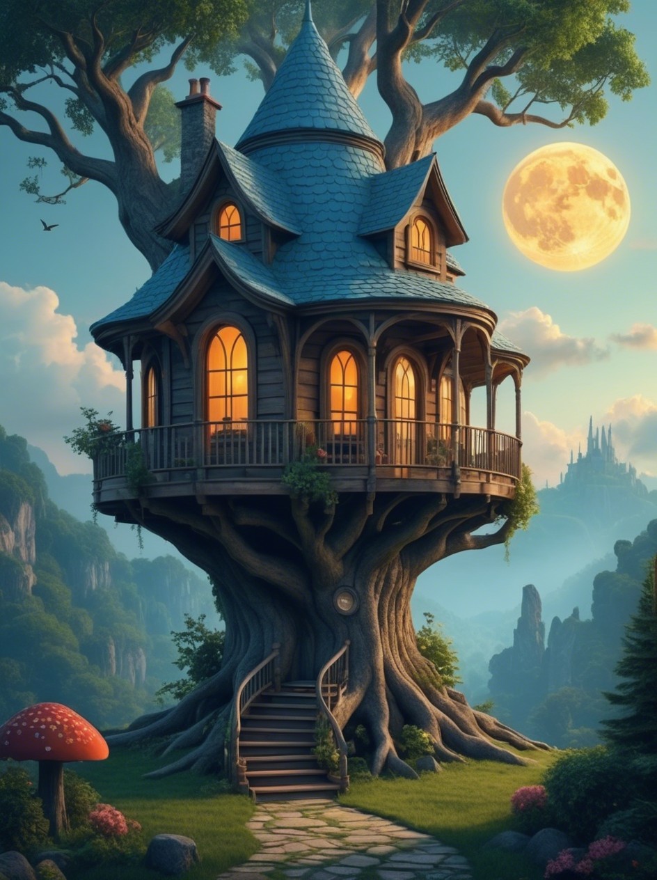 Whimsical Treehouse in an Ancient Tree at Twilight