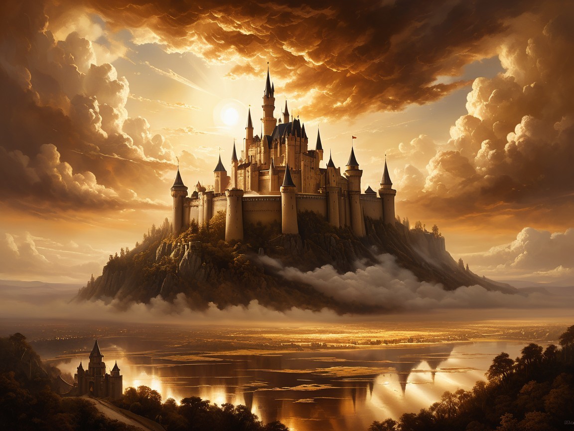 Majestic castle on a mountain at sunset with reflection
