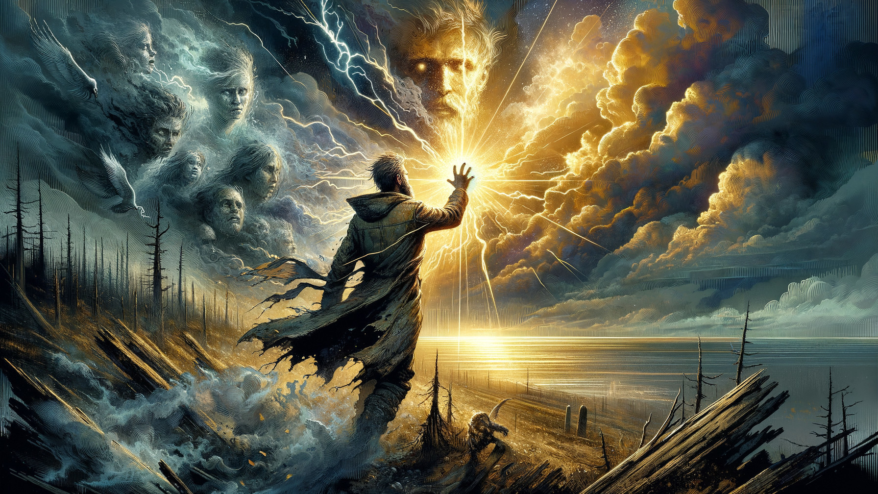 Mysterious Figure in Desolate Landscape with Light Burst