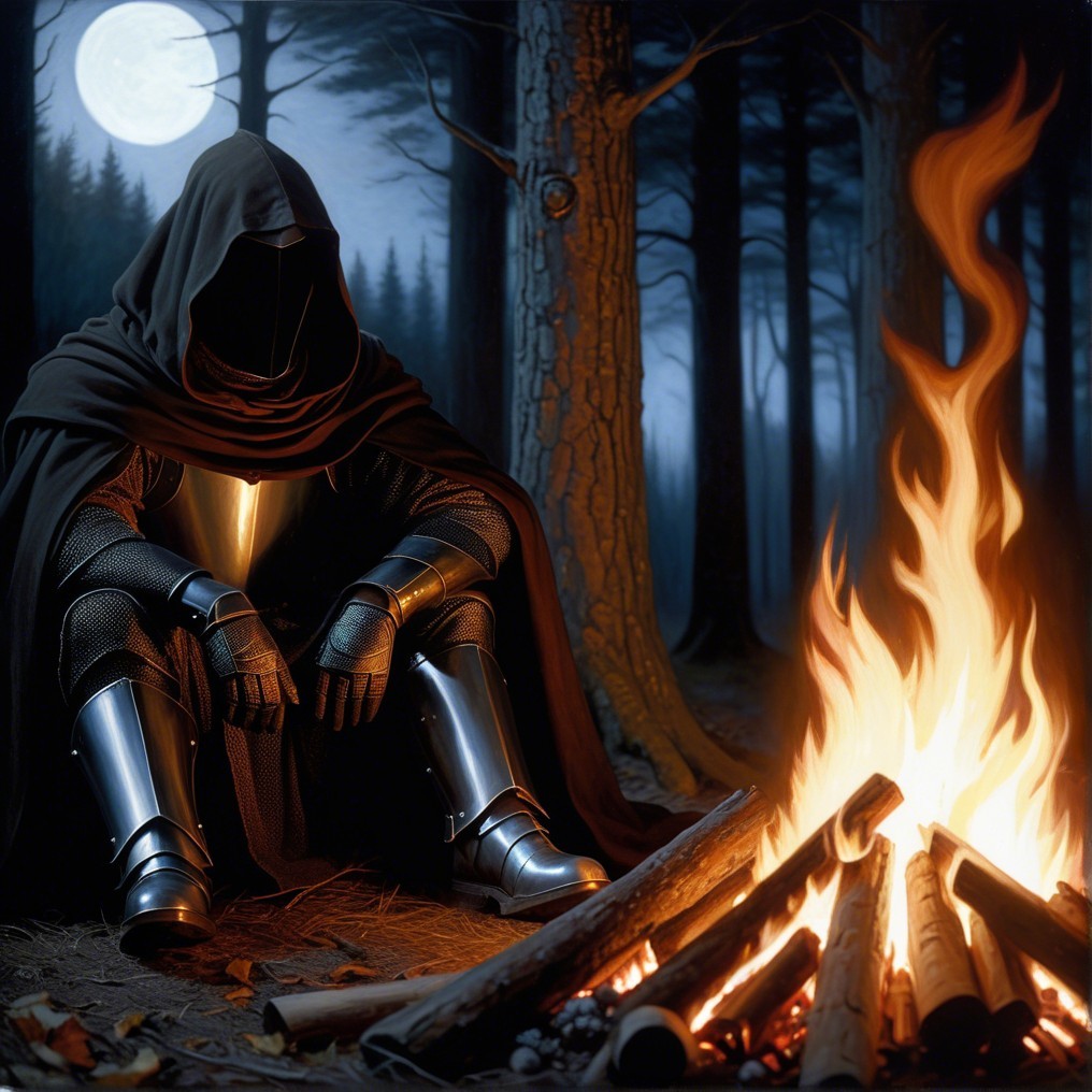 Mysterious Cloaked Figure by Campfire in Forest