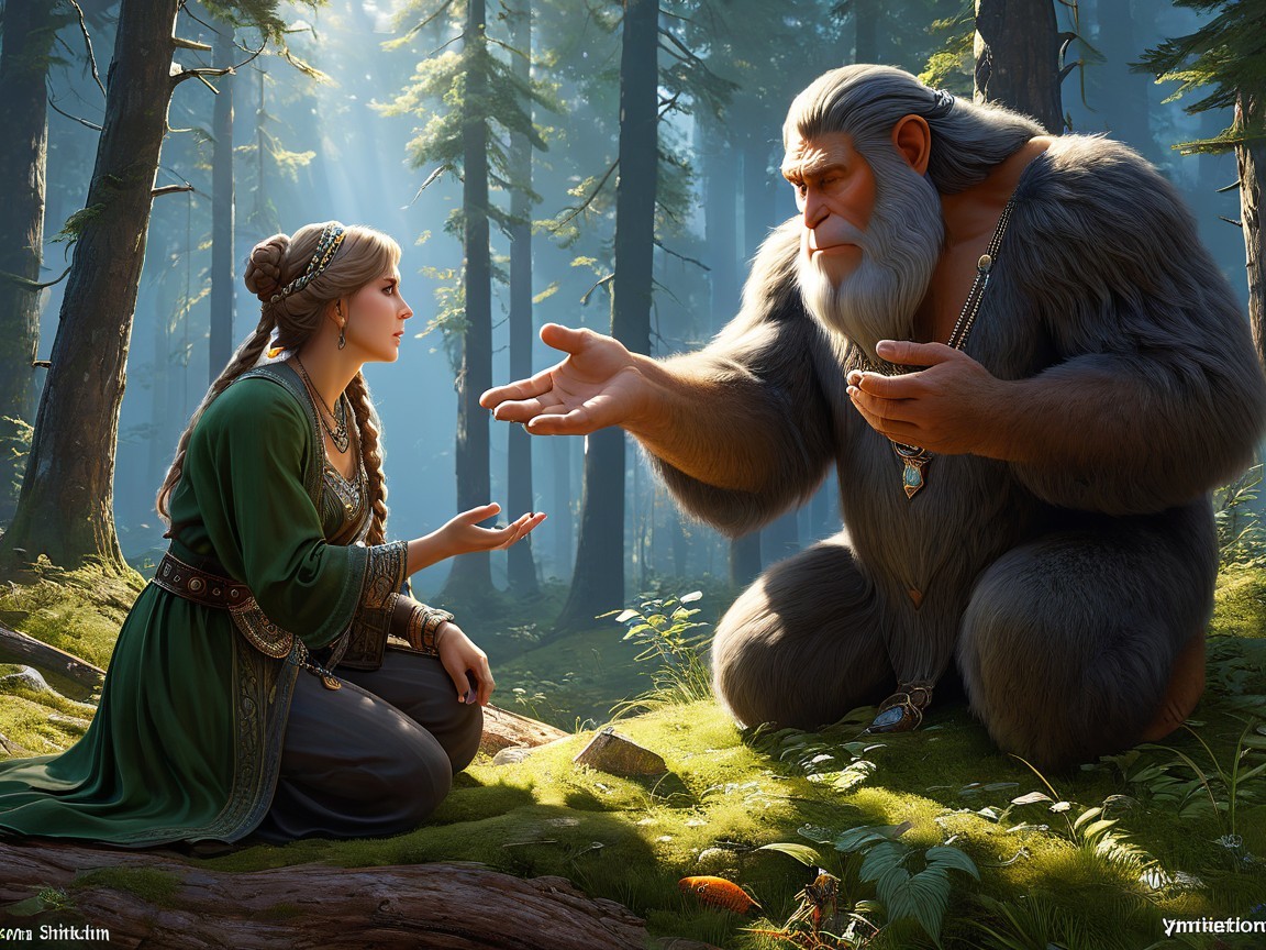 Mystical Encounter in a Sunlit Forest Setting