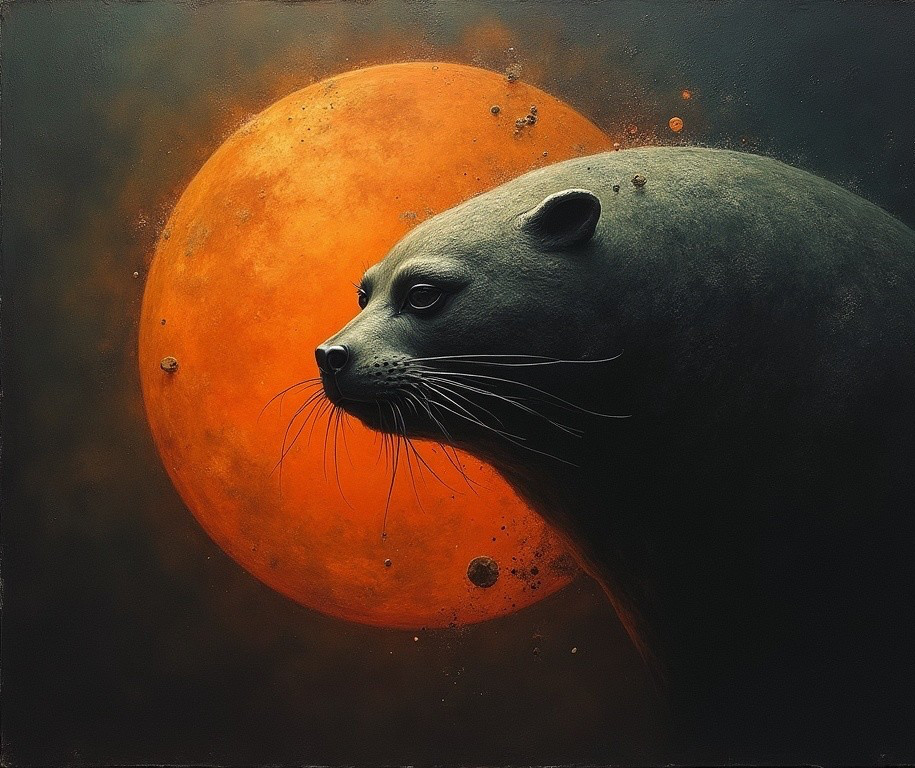 Seal Silhouette Against Orange Full Moon Background