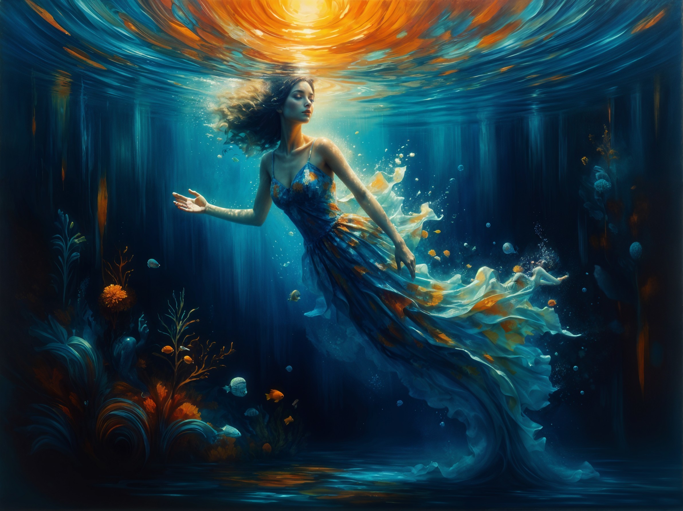 Underwater Scene of a Woman in Flowing Dress