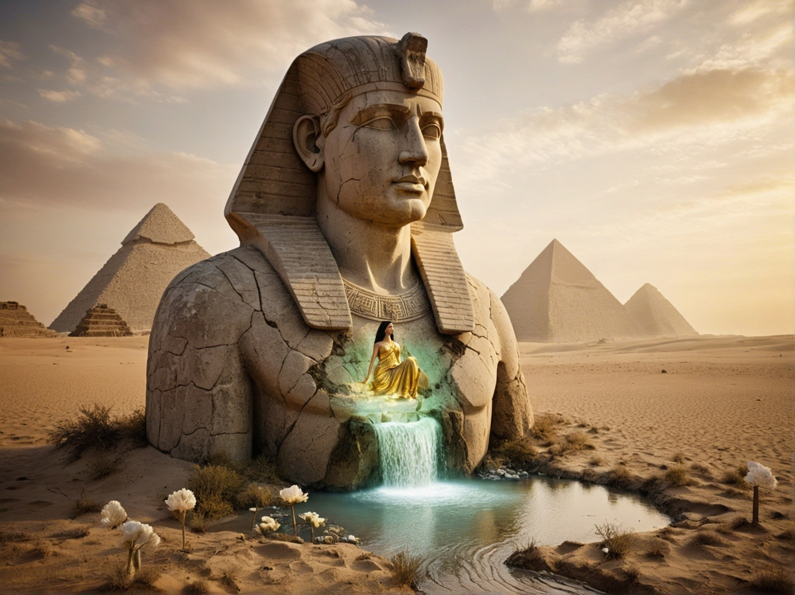 Surreal Scene of Sphinx with Woman and Desert Landscape