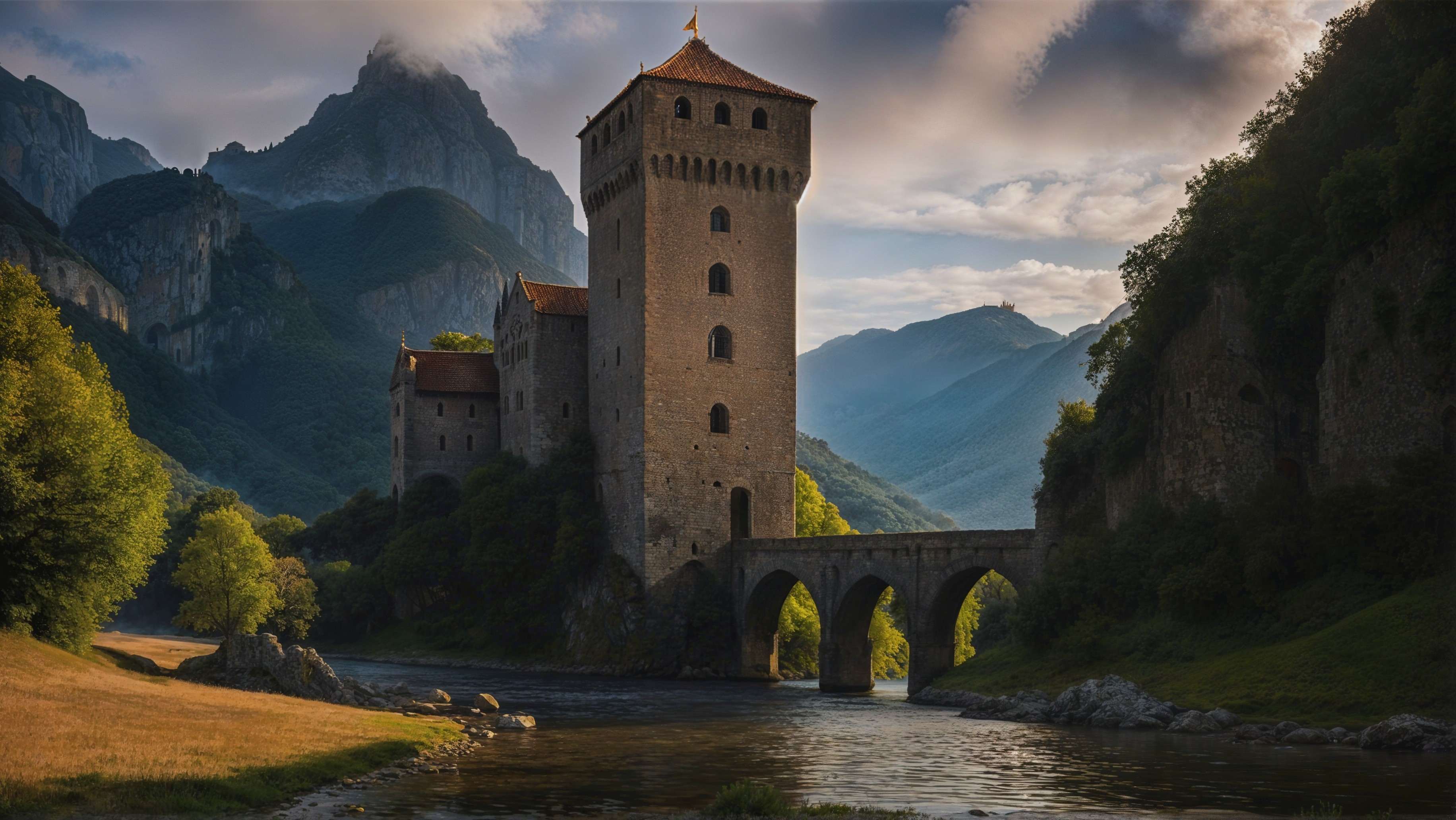 Medieval Castle on Rocky Riverbank with Scenic Landscape
