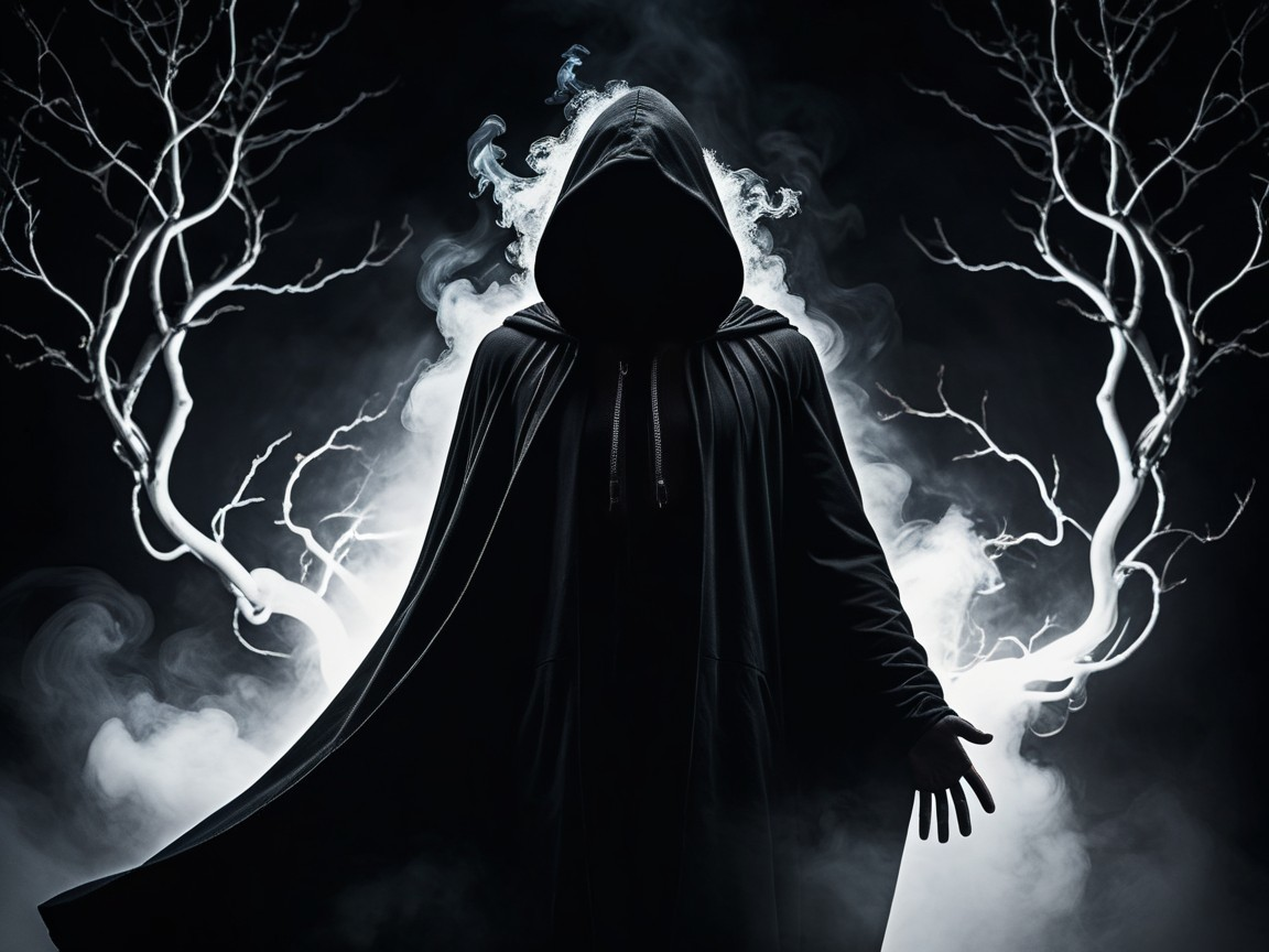 Mysterious Figure in Cloak Surrounded by Smoky Tendrils