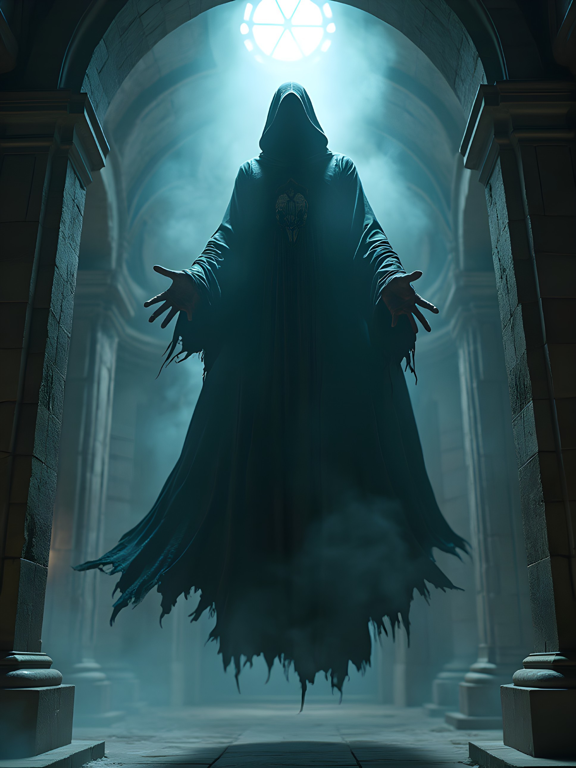 Cloaked Figure in Dimly Lit Ancient Stone Corridor