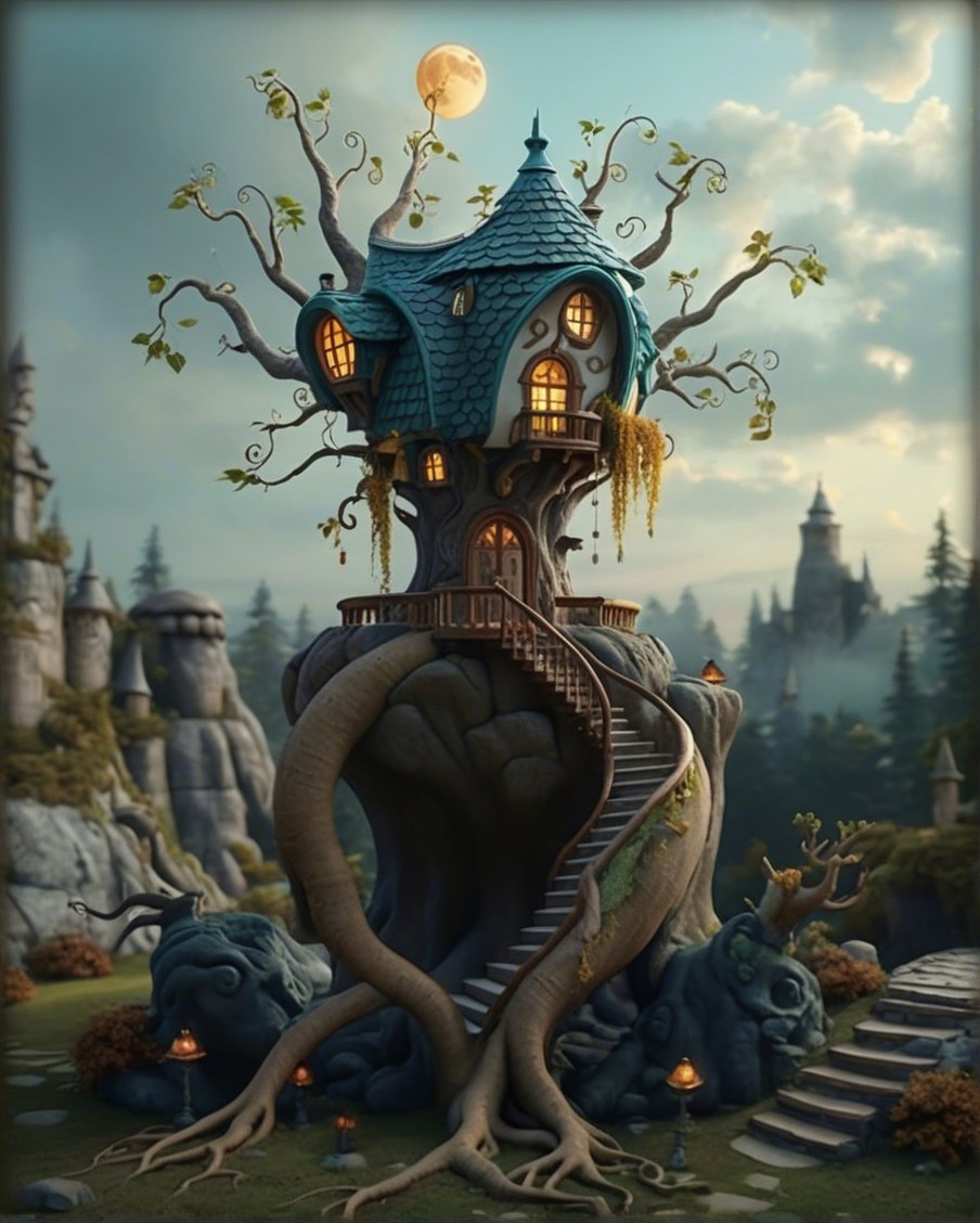 Whimsical treehouse with enchanting surroundings and moonlight