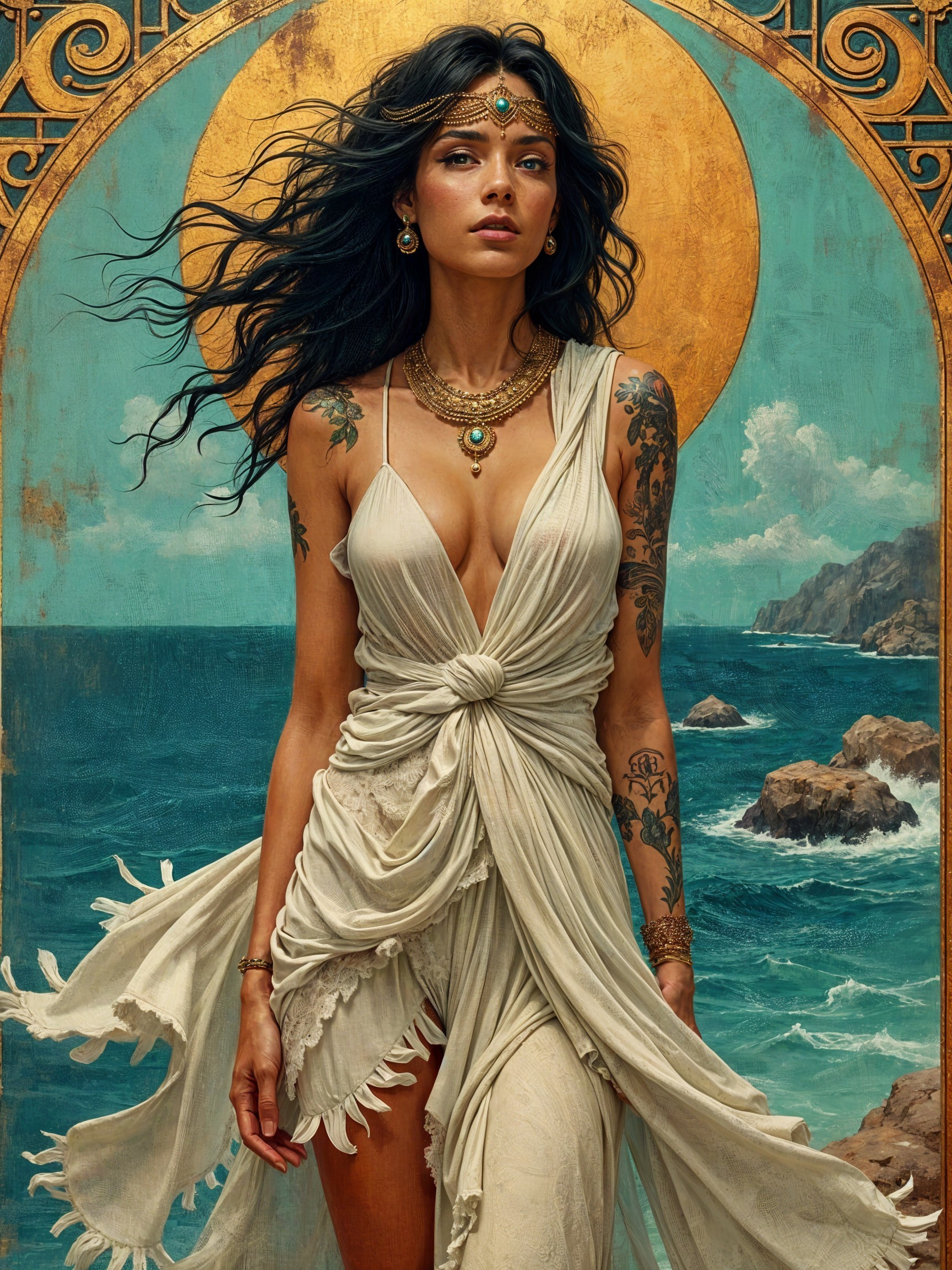 Figure in White Garment Against Ocean Backdrop