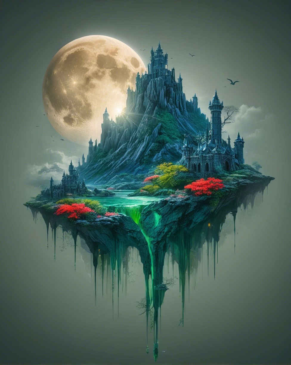 Floating Island with Castle and Waterfalls at Night