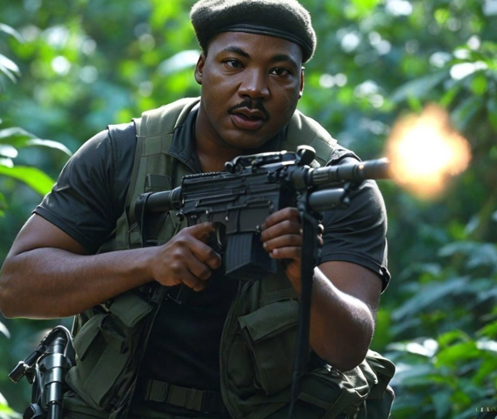 Man in Tactical Gear Crouching with Rifle in Greenery