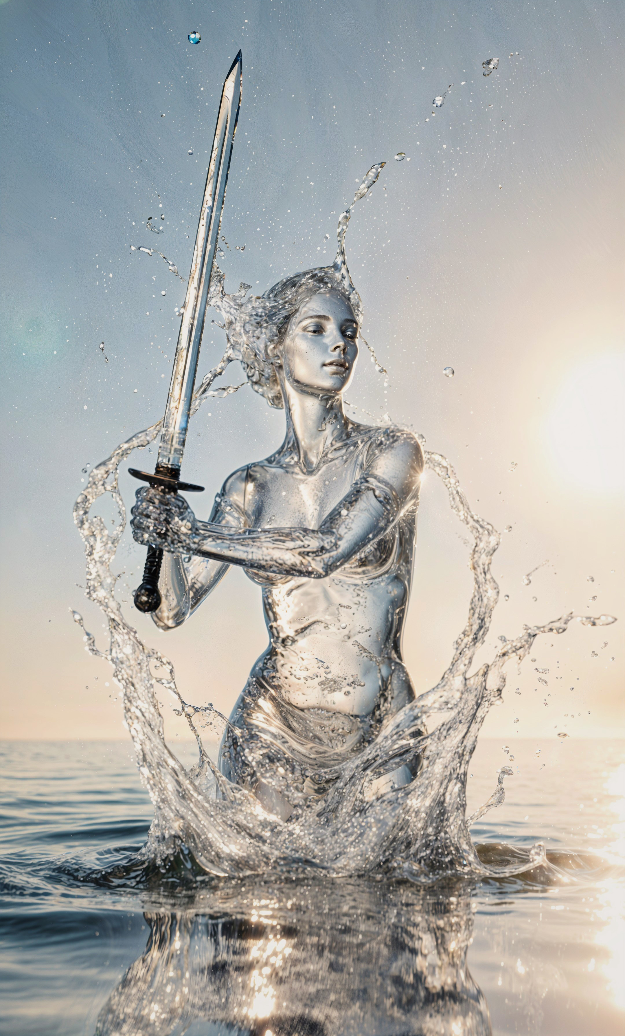 Transparent figure with sword emerging from water