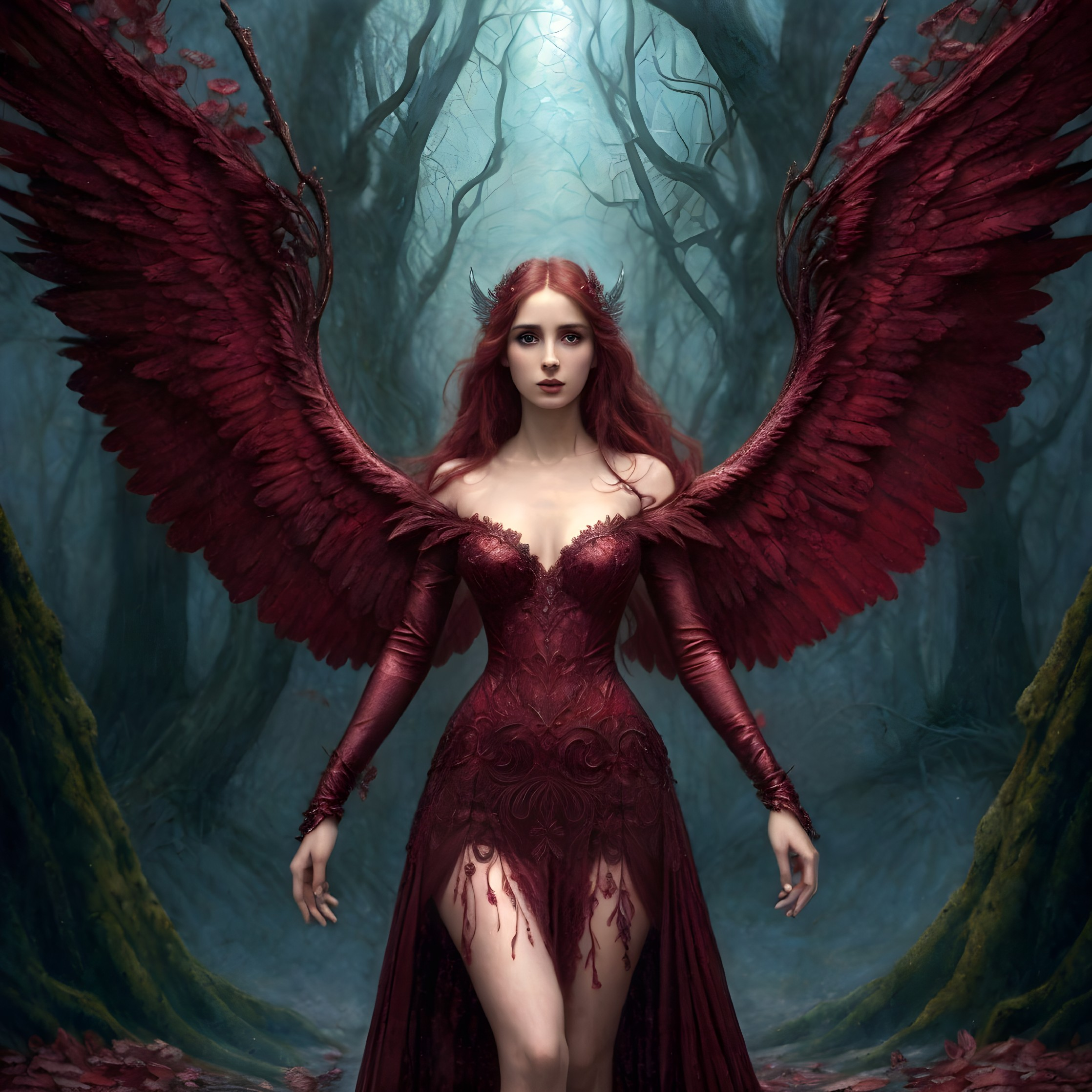 Woman with Large Red Wings in Misty Forest Wearing Elegant Red Dress