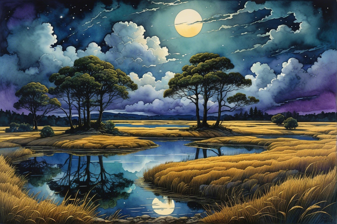 Serene Night Landscape with Tranquil Pond and Moonlight