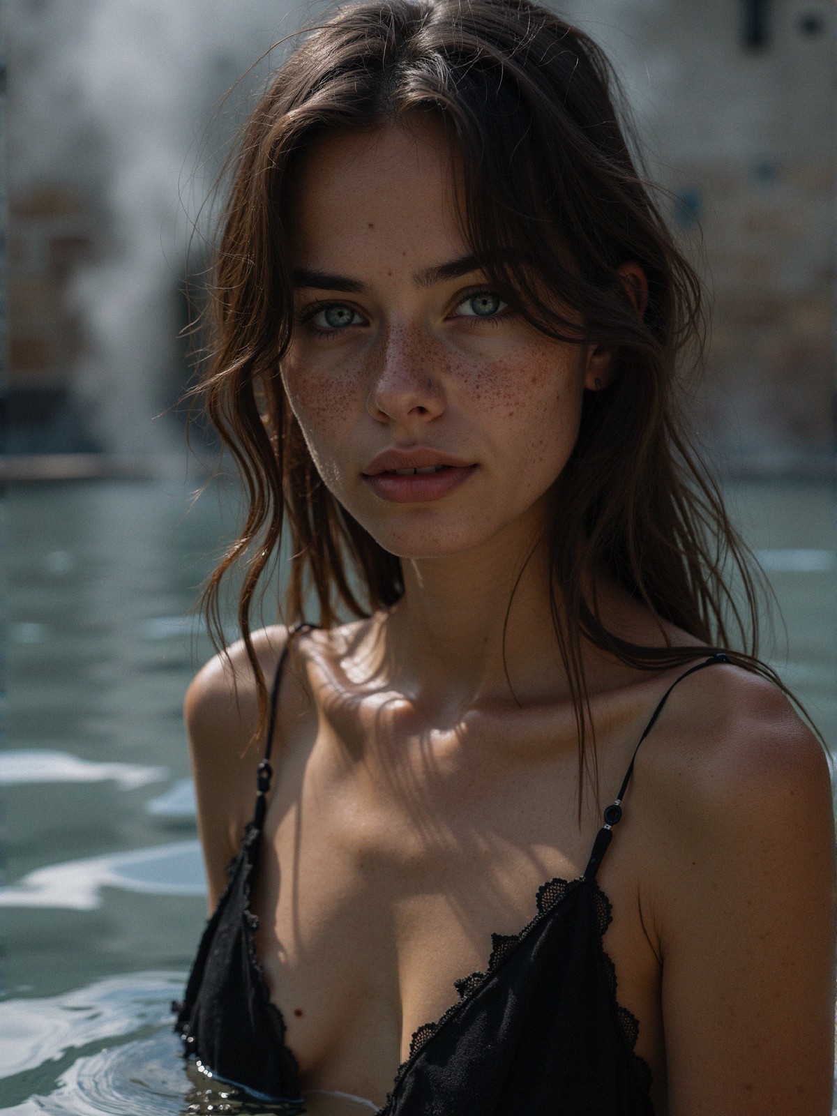 Woman with Freckles Posing by a Serene Pool