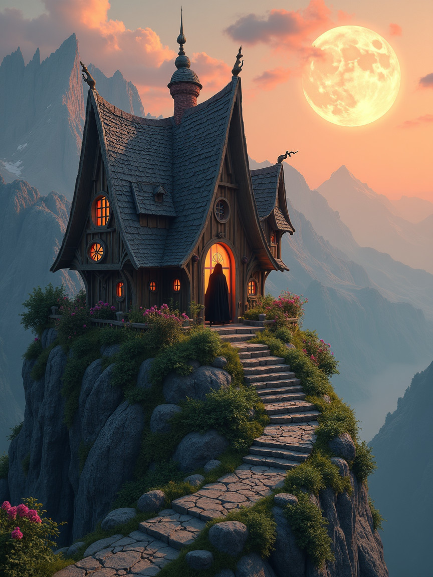 Whimsical Cottage on Rocky Outcrop with Mountains