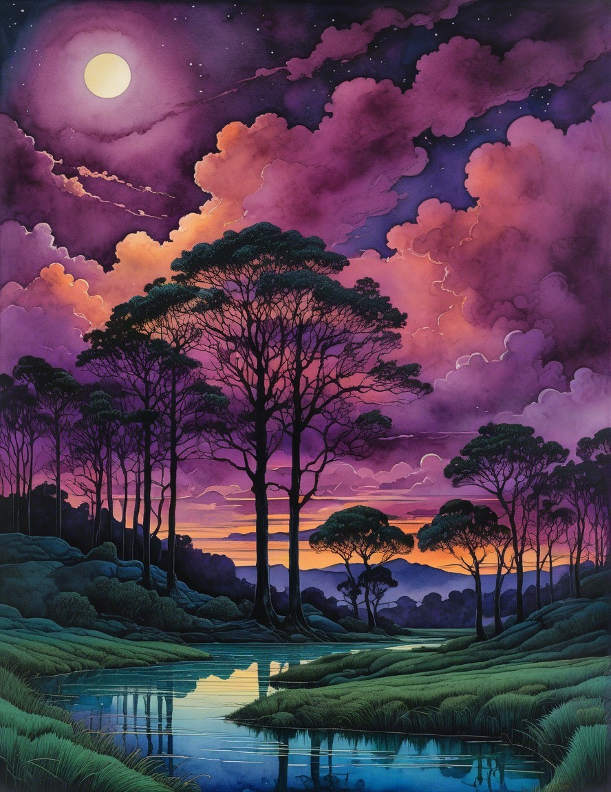Twilight Landscape with Trees and Reflective River