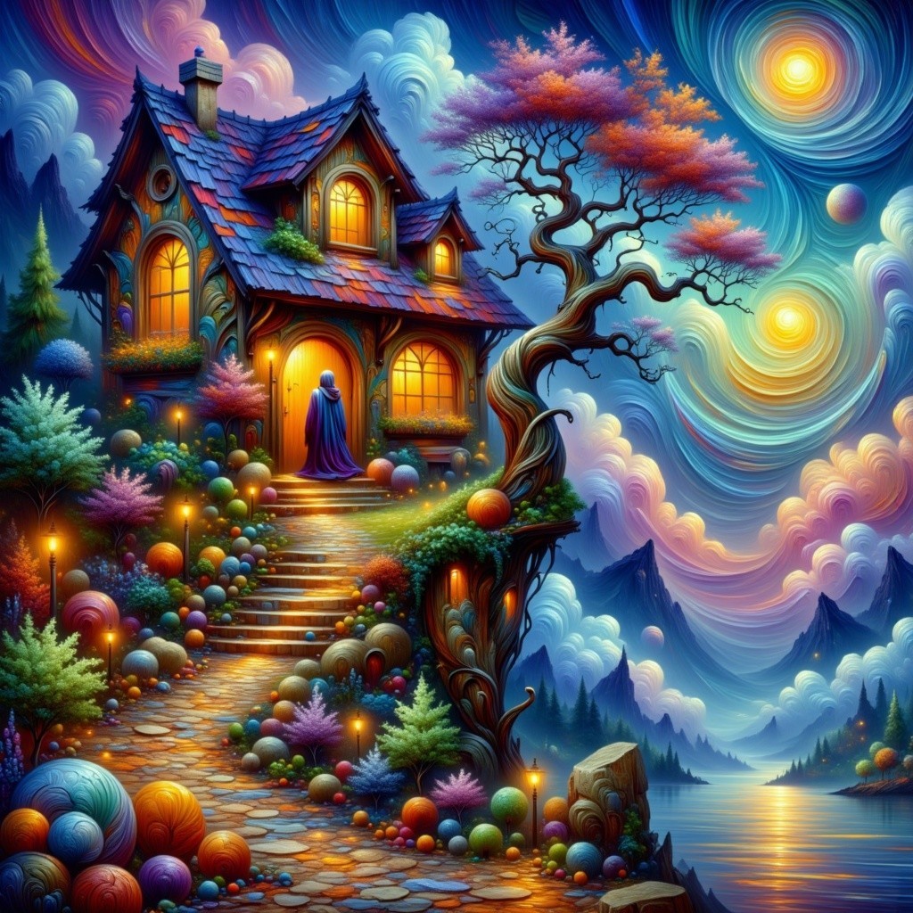 Whimsical Cottage Under Colorful Swirling Skies