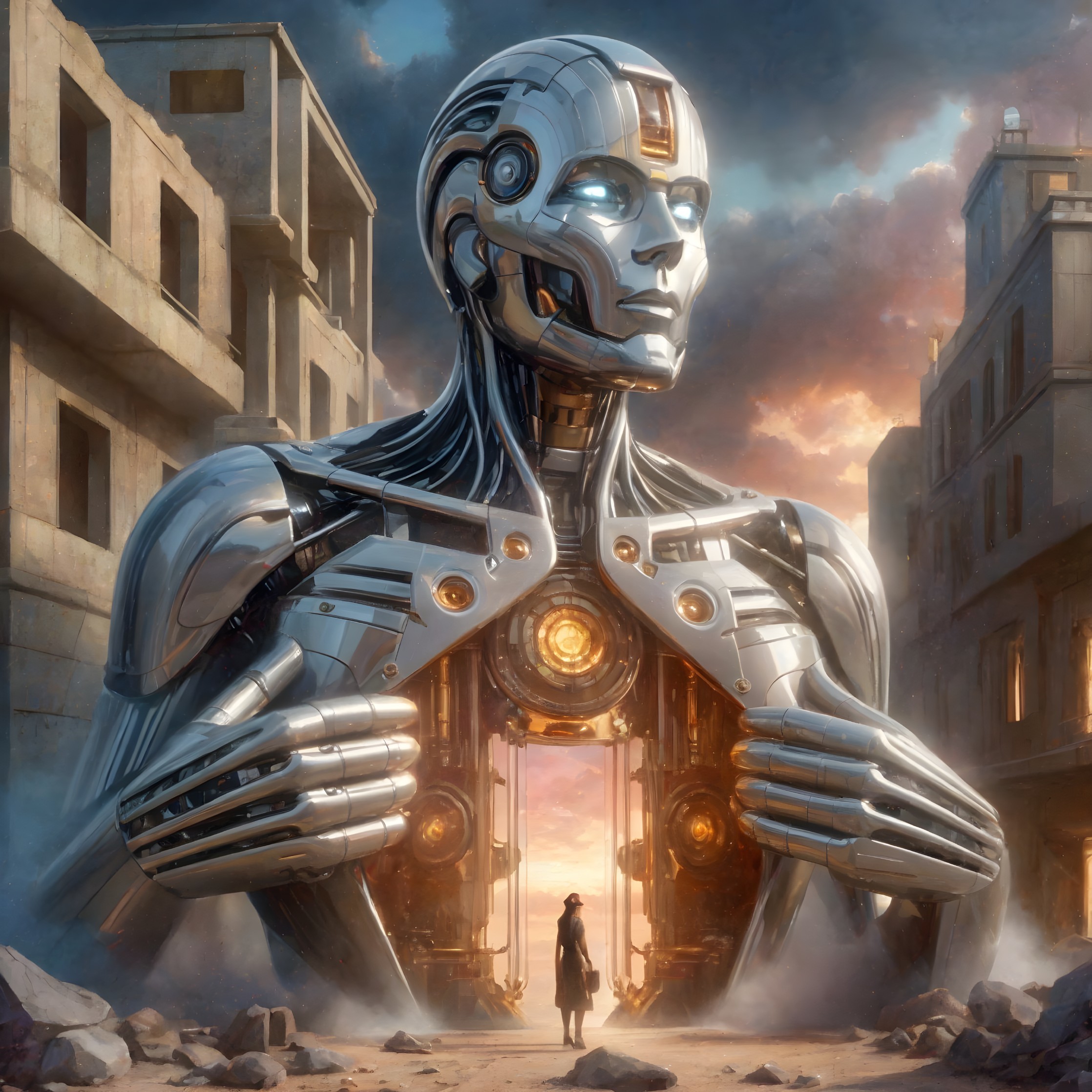Futuristic Giant Robot Overlooks Small Human in Ruins