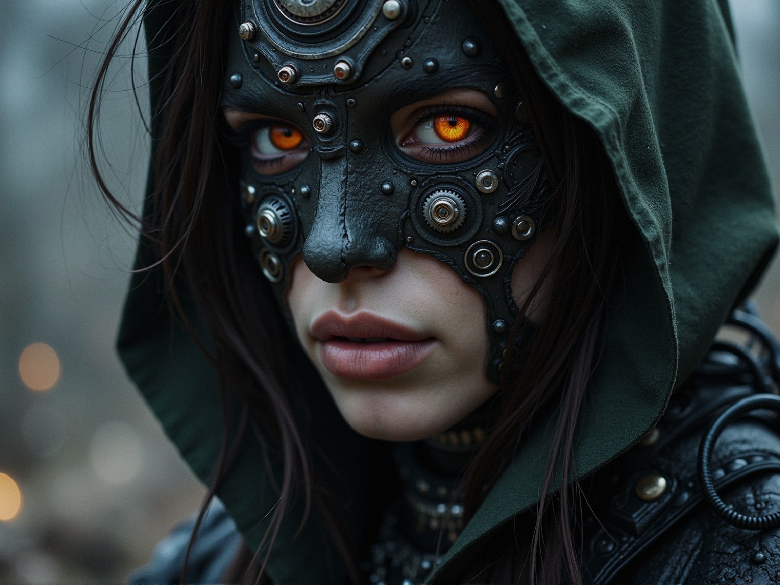 Mysterious Figure with Orange Eyes and Steampunk Details
