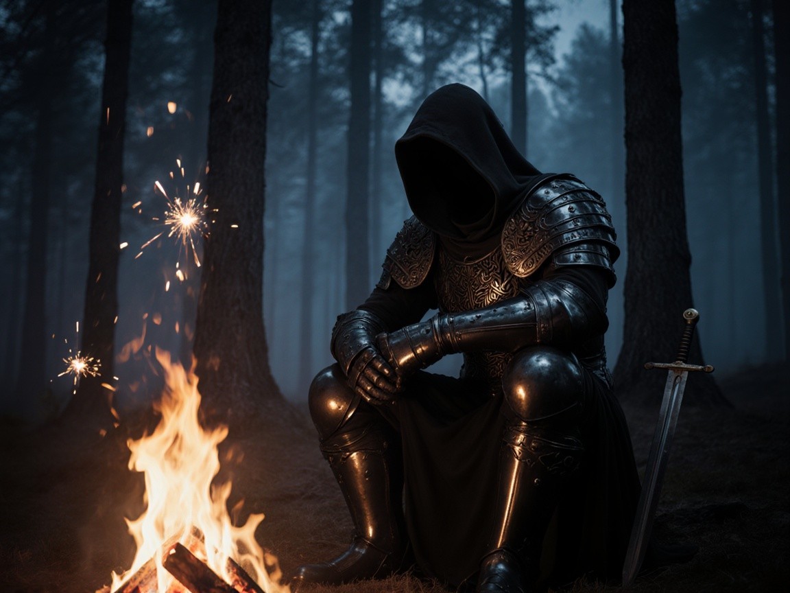 Mysterious Figure in Black Armor by Campfire in Forest
