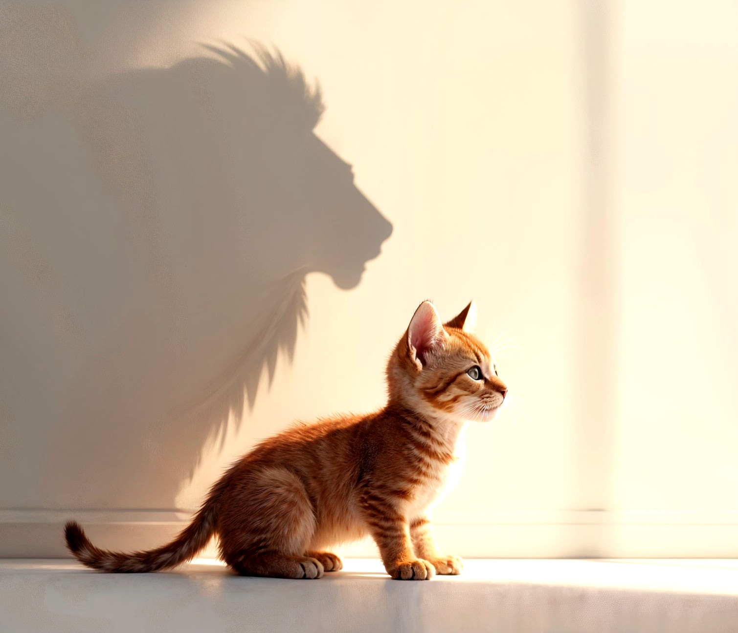 Fluffy Orange Kitten with Lion Shadow on Ledge